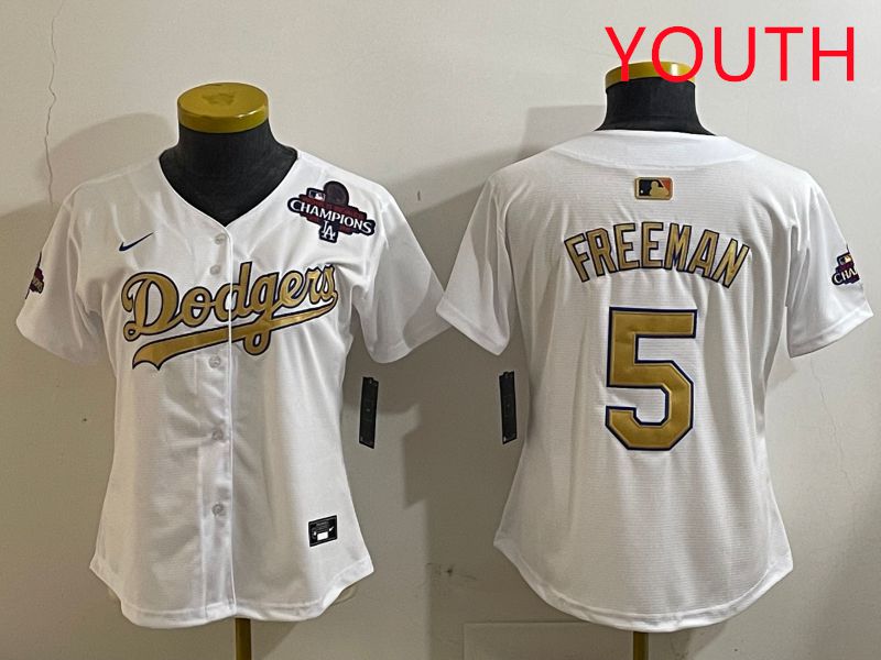 Youth Los Angeles Dodgers #5 Freeman White Champion gold character 2025 Nike MLB Jersey style 4123